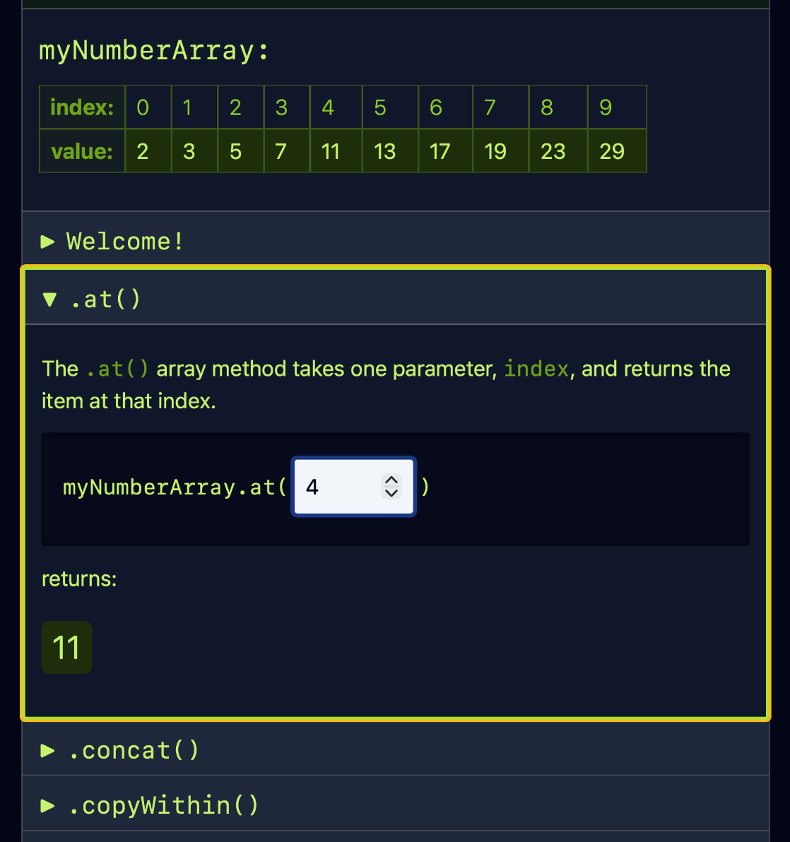 A screenshot of the .at() method.