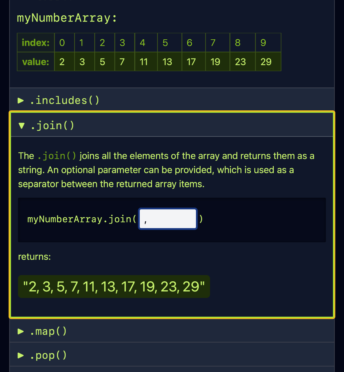 A screenshot of the .join() method.