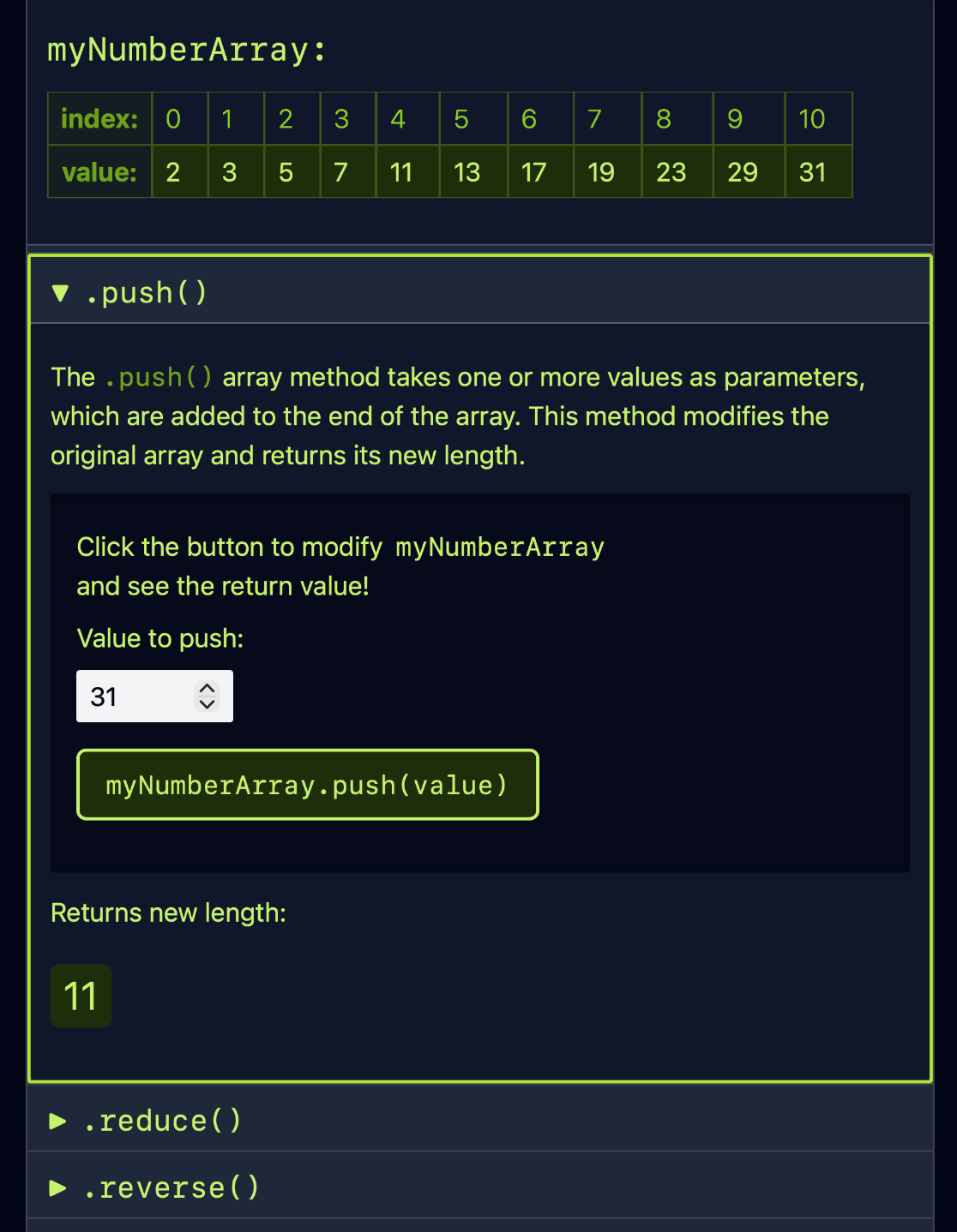 A screenshot of the .push() method.