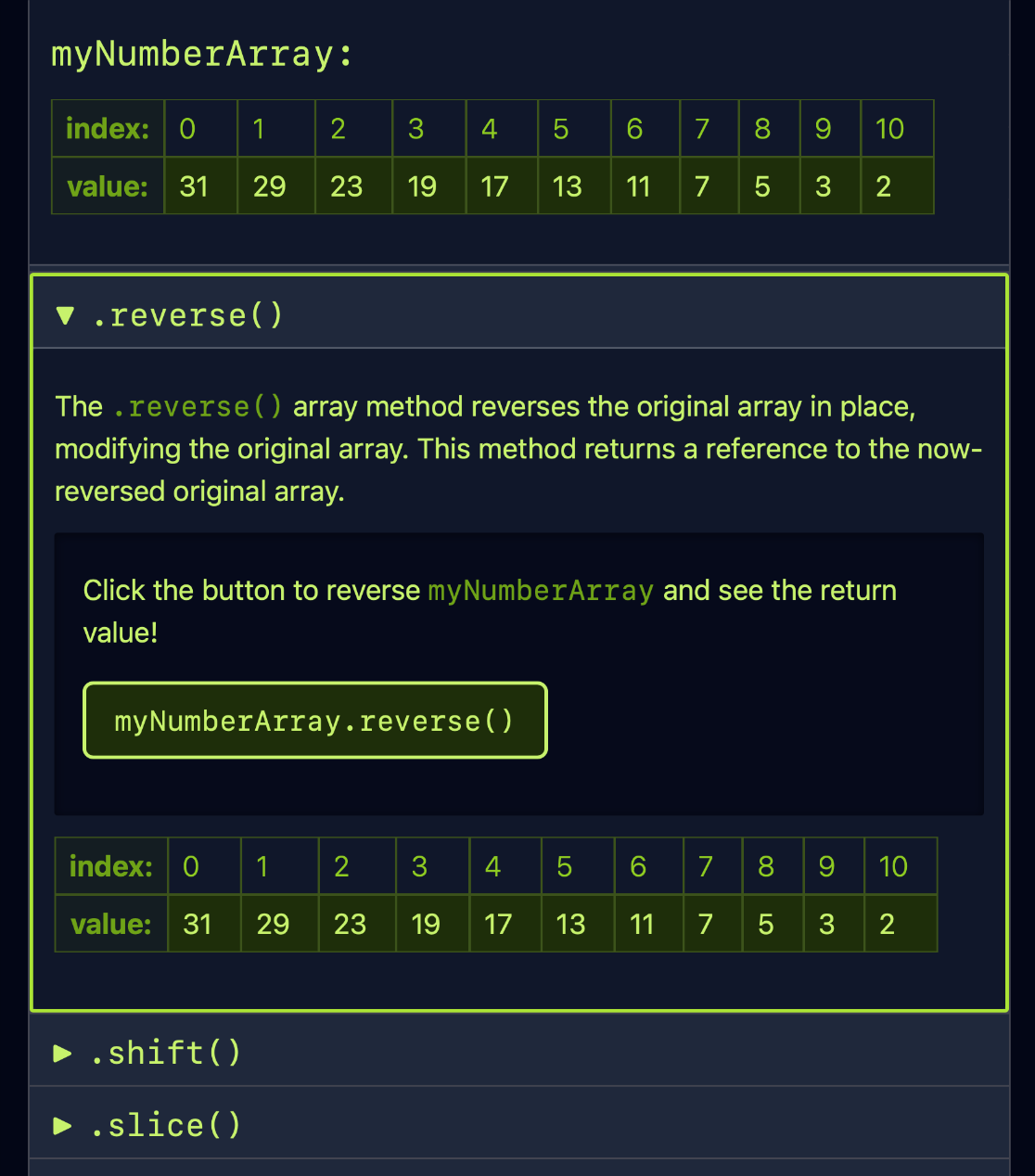 A screenshot of the .reverse() method.