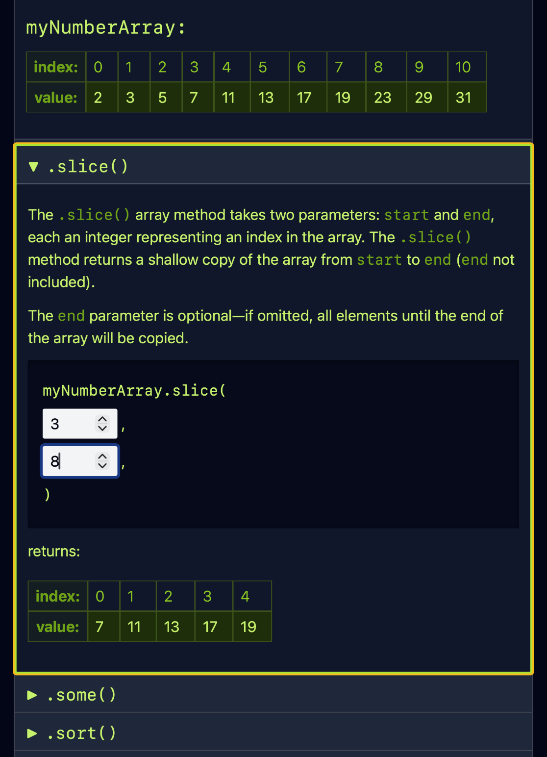 A screenshot of the .slice() method.