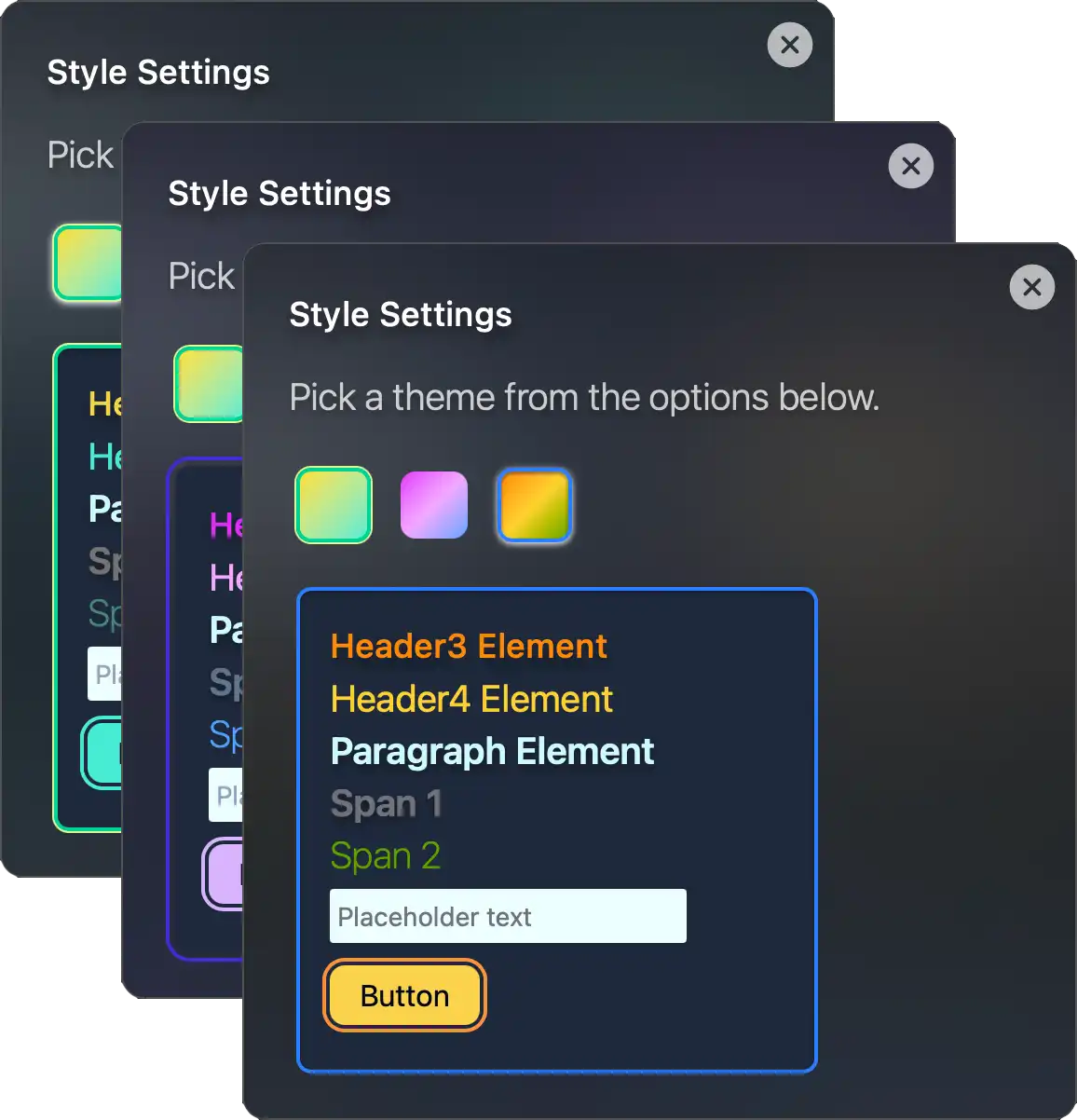 A screenshot of three stacked windows showing the three different styles to choose.