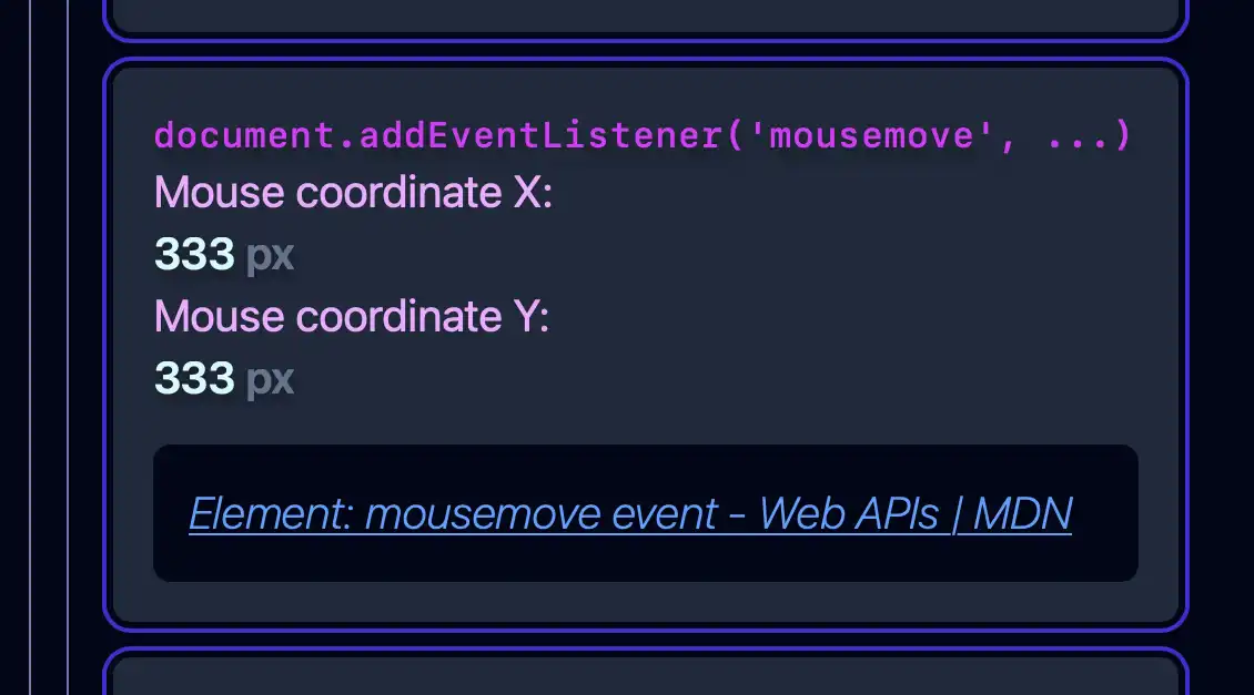 A screenshot showing cursor coordinates using the document.addEventLister() method with the 'mousemove' event.