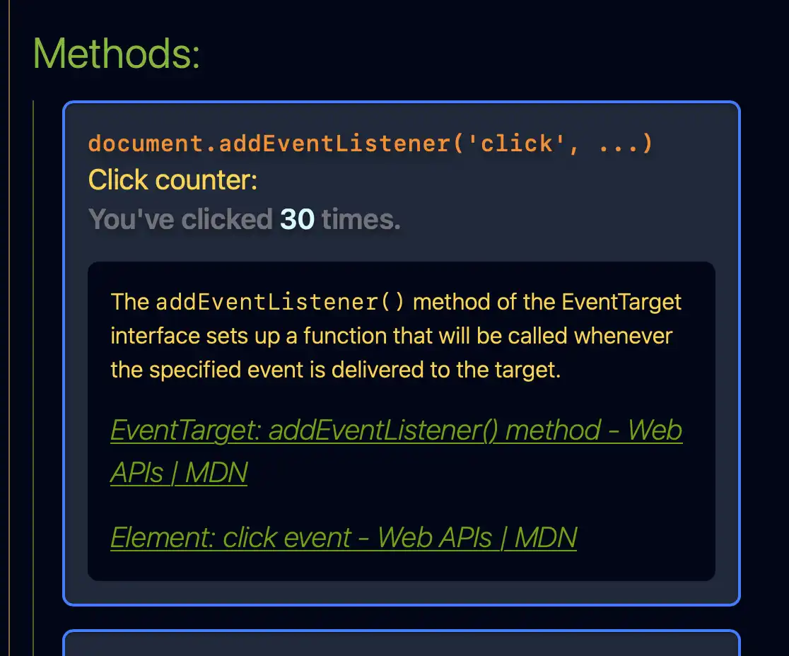 A screenshot showing a click-counter widget using the document.addEventListener() method with the 'click' event.