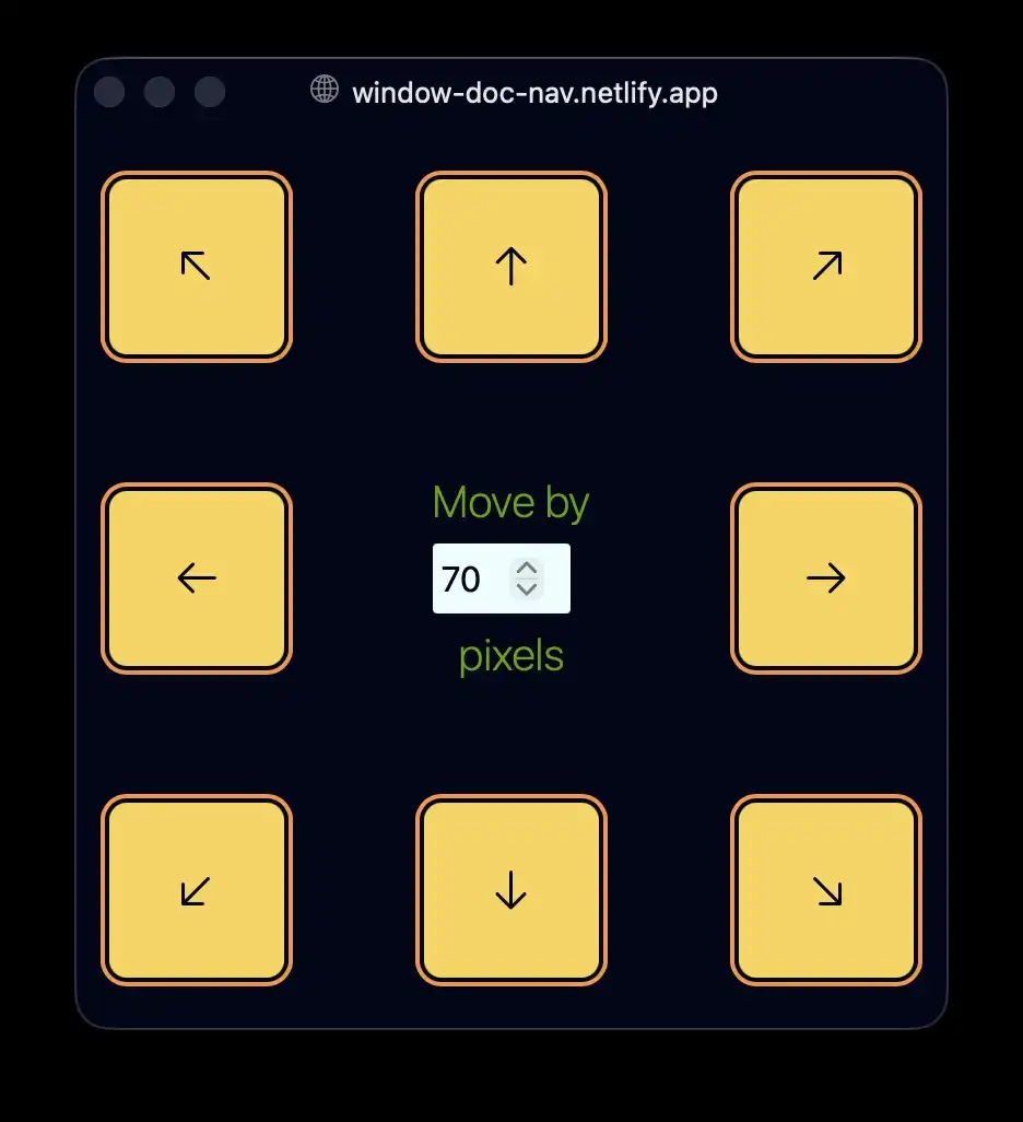 A screenshot of a small browser window with buttons to move the window by a user-designated number of pixels.