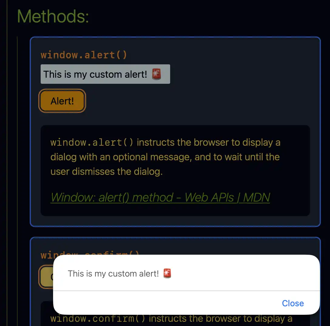 A screenshot showing the window.alert() widget, which allows users to enter a custom message that pops up in the browser's alert window.